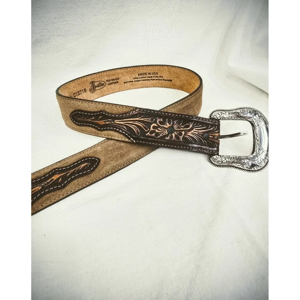 Justin Two Tone Leather Tooled Belt‎ Sz 34 1.5
